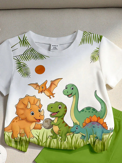 Playful Pals Baby Boys' Cute Animal & Dinosaur Print Round Neck T-Shirt And Matching Shorts Set,White Summer Casual Beach Vacation Minimalist Outdoor School Wear