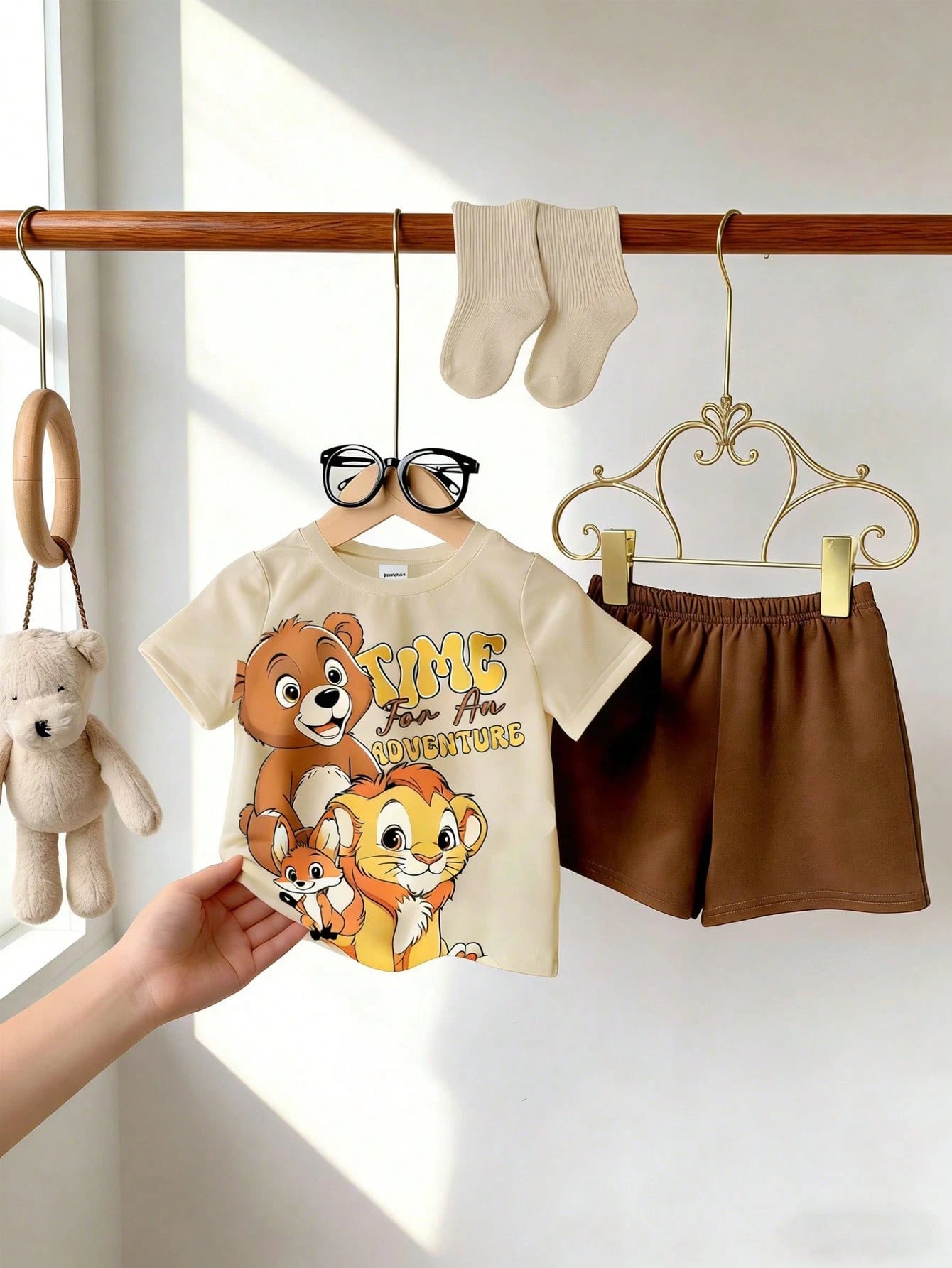 Playful Pals Baby Boys' Cute Animal & Dinosaur Print Round Neck T-Shirt And Matching Shorts Set,White Summer Casual Beach Vacation Minimalist Outdoor School Wear
