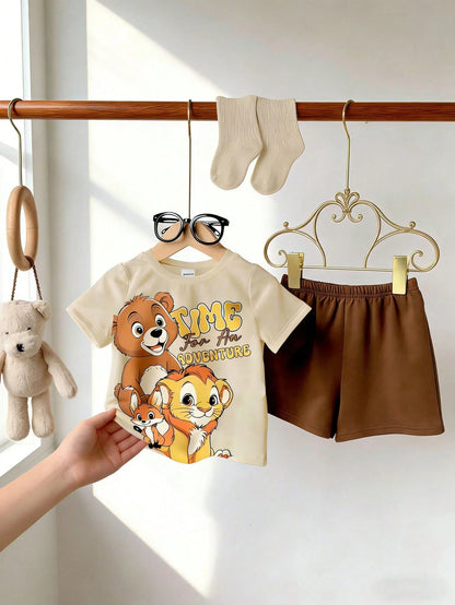Playful Pals Baby Boys' Cute Animal & Dinosaur Print Round Neck T-Shirt And Matching Shorts Set,White Summer Casual Beach Vacation Minimalist Outdoor School Wear