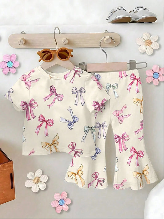 Playful Pals Baby Girl Short Sleeve Round Neck T-Shirt And Pants Fashion Summer Outfit Set