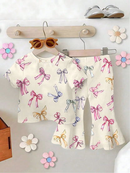 Playful Pals Baby Girl Short Sleeve Round Neck T-Shirt And Pants Fashion Summer Outfit Set