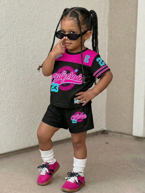 Playful Pals Baby Girls 2-Piece Outfit Set Black Pink Short Sleeve T-Shirt & Shorts Summer Casual City Break Sport Striped Cartoon Print Tracksuits For Outdoor