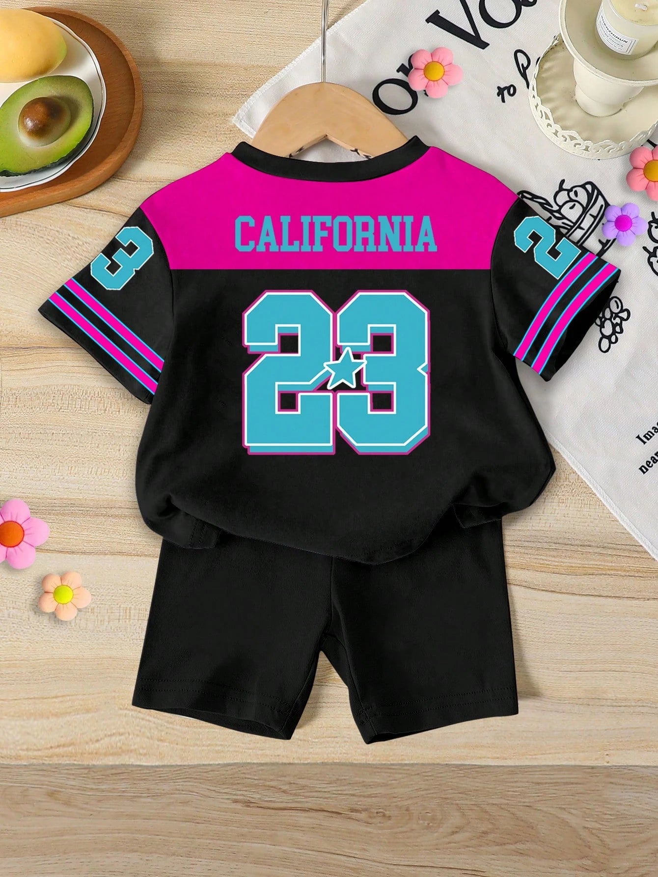 Playful Pals Baby Girls 2-Piece Outfit Set Black Pink Short Sleeve T-Shirt & Shorts Summer Casual City Break Sport Striped Cartoon Print Tracksuits For Outdoor