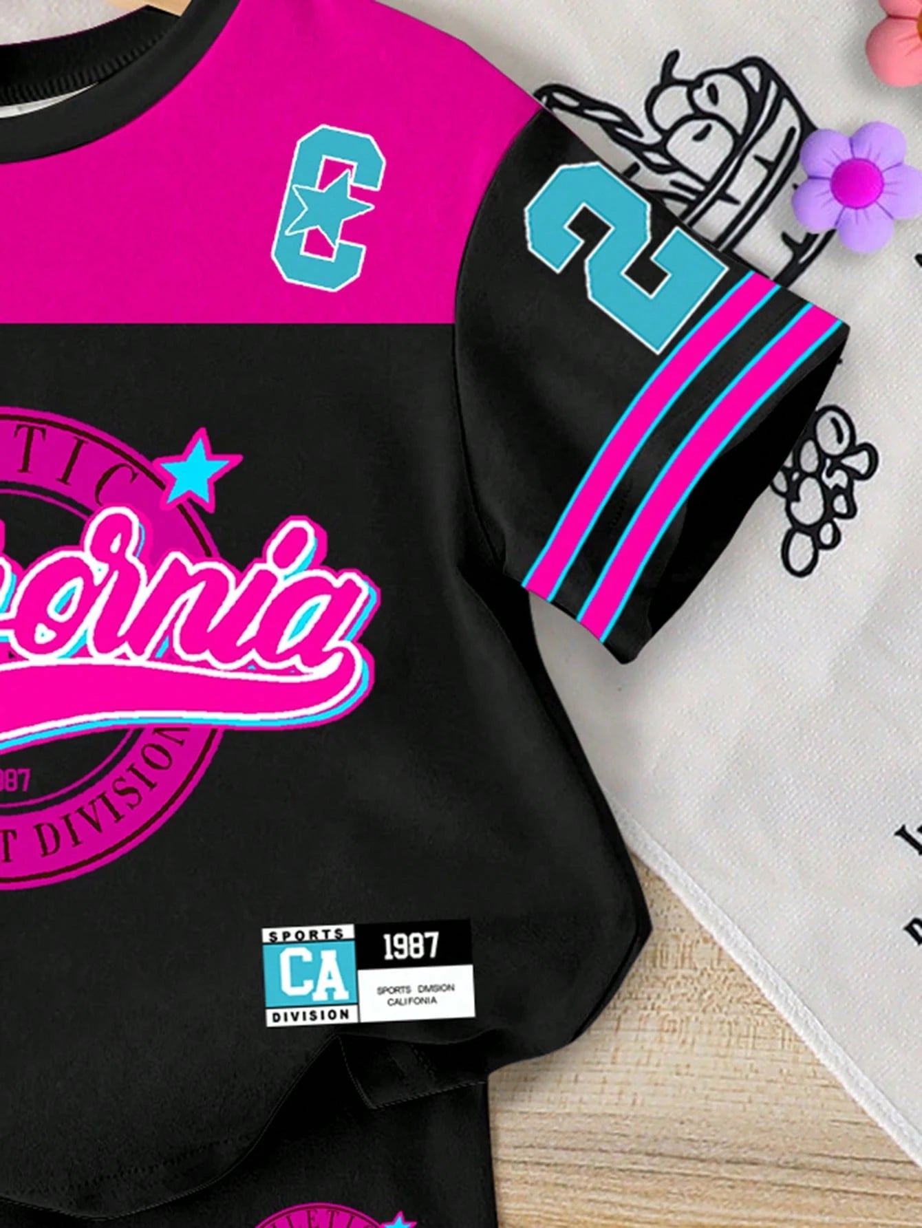 Playful Pals Baby Girls 2-Piece Outfit Set Black Pink Short Sleeve T-Shirt & Shorts Summer Casual City Break Sport Striped Cartoon Print Tracksuits For Outdoor