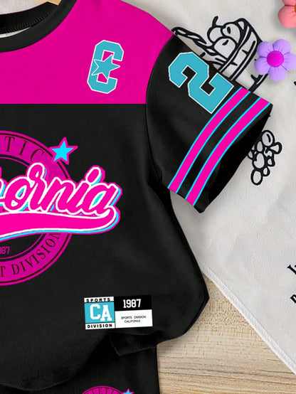 Playful Pals Baby Girls 2-Piece Outfit Set Black Pink Short Sleeve T-Shirt & Shorts Summer Casual City Break Sport Striped Cartoon Print Tracksuits For Outdoor