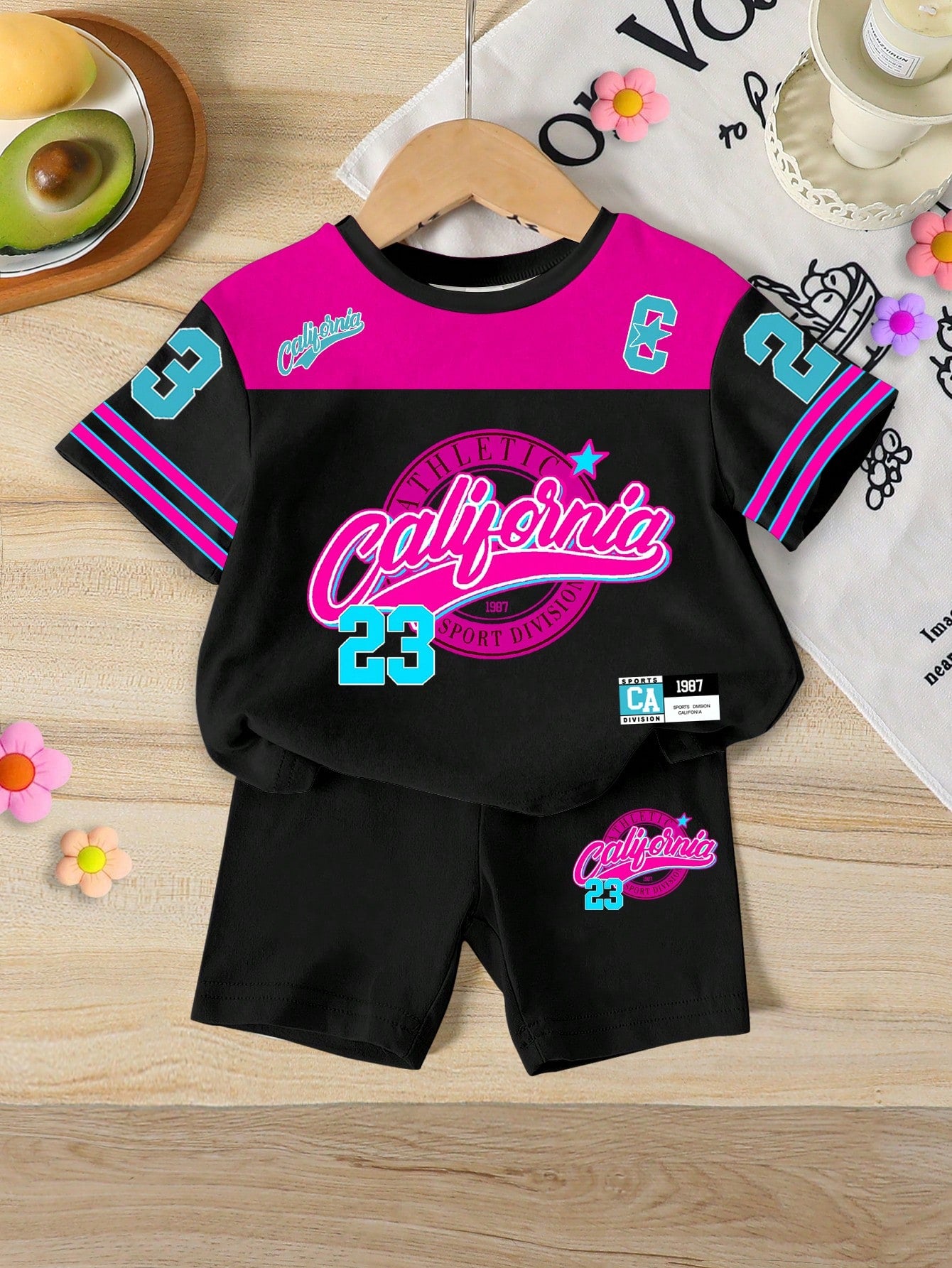 Playful Pals Baby Girls 2-Piece Outfit Set Black Pink Short Sleeve T-Shirt & Shorts Summer Casual City Break Sport Striped Cartoon Print Tracksuits For Outdoor