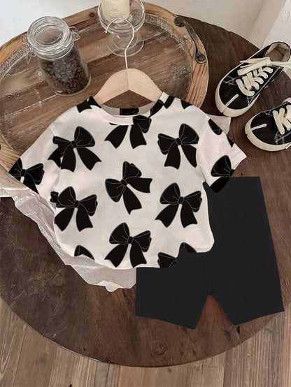 Playful Pals Baby Girls 2-Piece Outfit Set Black Pink Short Sleeve T-Shirt & Shorts Summer Casual City Break Sport Striped Cartoon Print Tracksuits For Outdoor