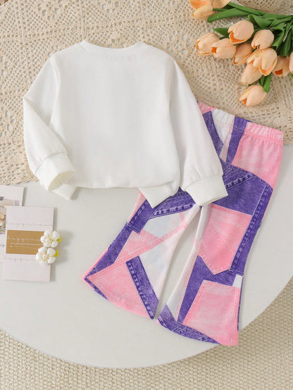 Playful Pals Baby Girls 2-Piece Set, Fashionable Minimalist Heart Print Faux Denim Effect Crew Neck Long Sleeve Sweatshirt Top And Irregular Faux Denim Effect Print Flare Long Pants, Soft Fabric