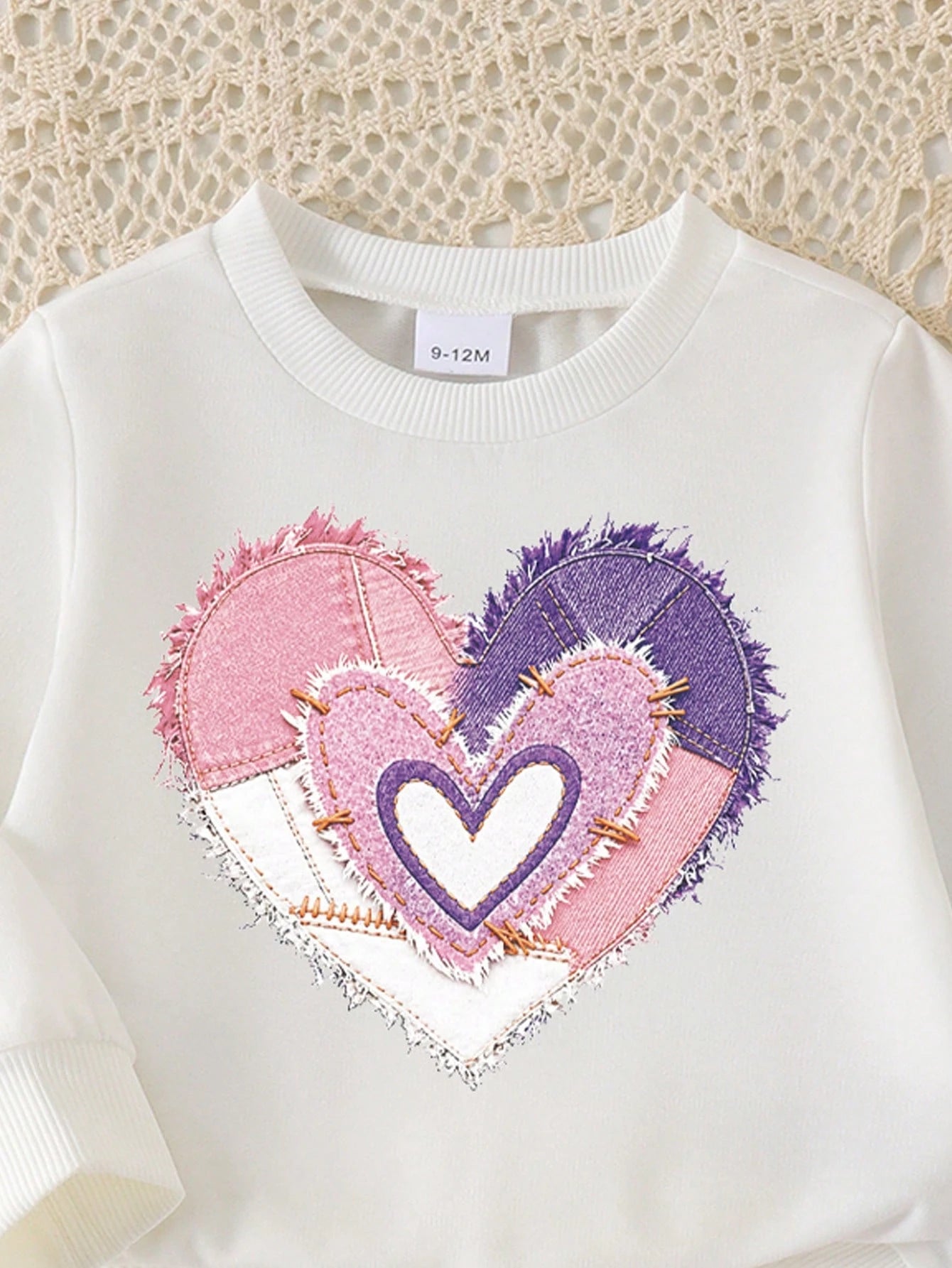 Playful Pals Baby Girls 2-Piece Set, Fashionable Minimalist Heart Print Faux Denim Effect Crew Neck Long Sleeve Sweatshirt Top And Irregular Faux Denim Effect Print Flare Long Pants, Soft Fabric