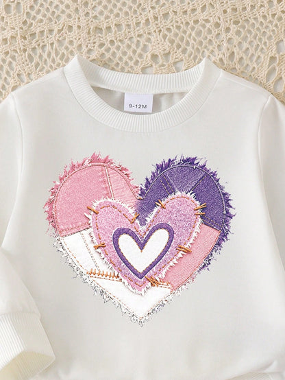 Playful Pals Baby Girls 2-Piece Set, Fashionable Minimalist Heart Print Faux Denim Effect Crew Neck Long Sleeve Sweatshirt Top And Irregular Faux Denim Effect Print Flare Long Pants, Soft Fabric