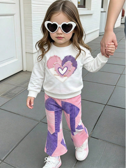 Playful Pals Baby Girls 2-Piece Set, Fashionable Minimalist Heart Print Faux Denim Effect Crew Neck Long Sleeve Sweatshirt Top And Irregular Faux Denim Effect Print Flare Long Pants, Soft Fabric