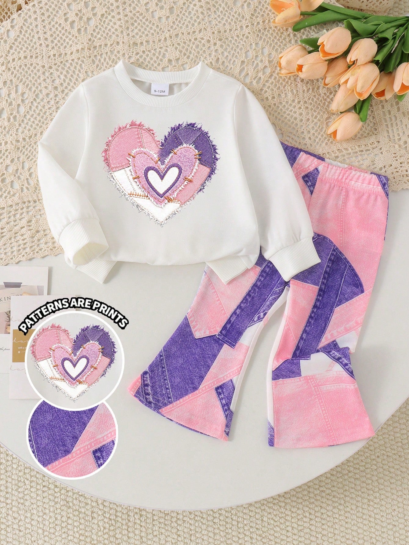 Playful Pals Baby Girls 2-Piece Set, Fashionable Minimalist Heart Print Faux Denim Effect Crew Neck Long Sleeve Sweatshirt Top And Irregular Faux Denim Effect Print Flare Long Pants, Soft Fabric