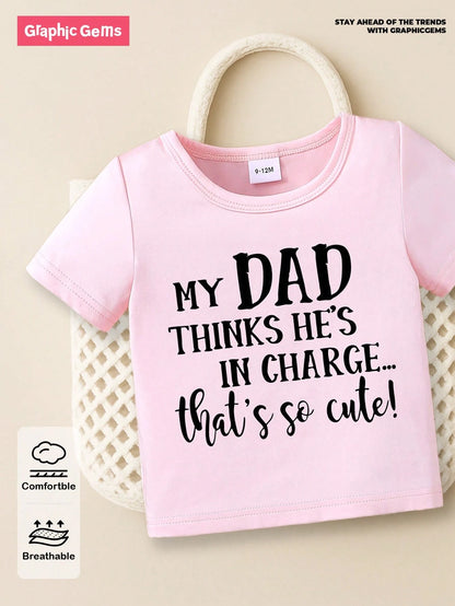 Playful Pals Baby Girls Black English Letter Print Casual Round Neck Short Sleeve T-Shirt, Summer