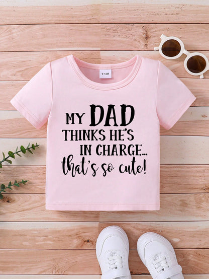 Playful Pals Baby Girls Black English Letter Print Casual Round Neck Short Sleeve T-Shirt, Summer