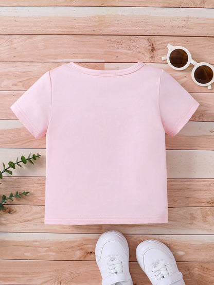 Playful Pals Baby Girls Black English Letter Print Casual Round Neck Short Sleeve T-Shirt, Summer