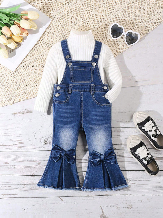 Playful Pals Baby Girls' Vintage Cute Bowknot College Style Stretch Denim Overalls Flares
