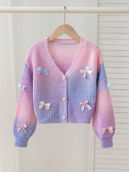 Playful Pals Back-To-School Girl Rainbow Gradient Cardigan, Pastel Pink Fairy School Girl Cute Bow Decor Sweater Jacket, Young Girl Button Knit Autumn Clothes