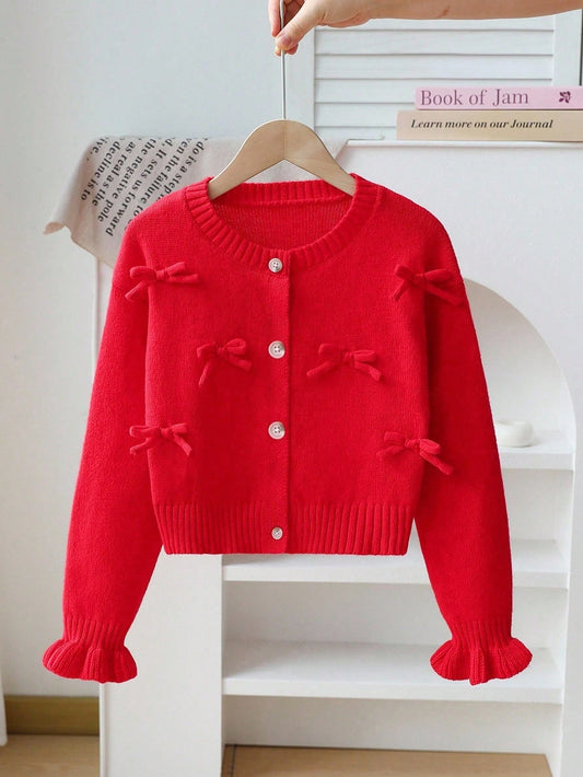 Playful Pals Girls Handmade Bow Knitted Sweater Cardigan, Autumn/Winter
