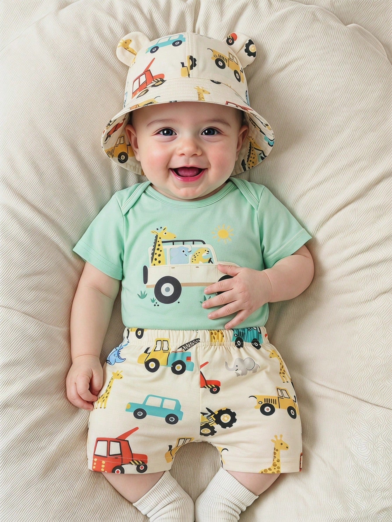Playful Pals Infant/Toddler Boys' Cute Cartoon Car Print Romper And Shorts Set, Spring/Summer