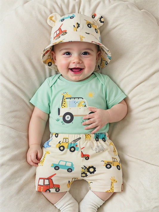 Playful Pals Infant/Toddler Boys' Cute Cartoon Car Print Romper And Shorts Set, Spring/Summer