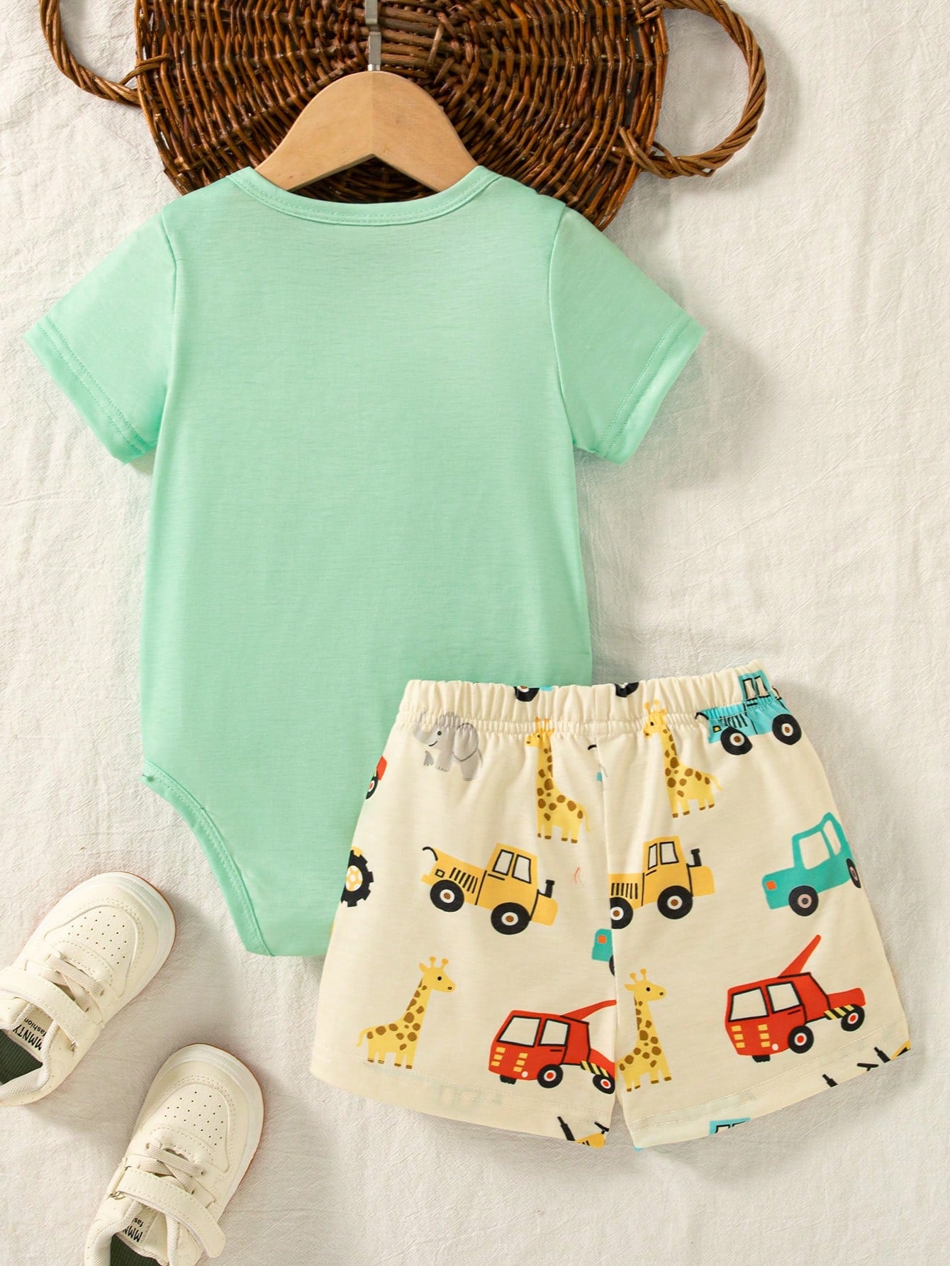Playful Pals Infant/Toddler Boys' Cute Cartoon Car Print Romper And Shorts Set, Spring/Summer