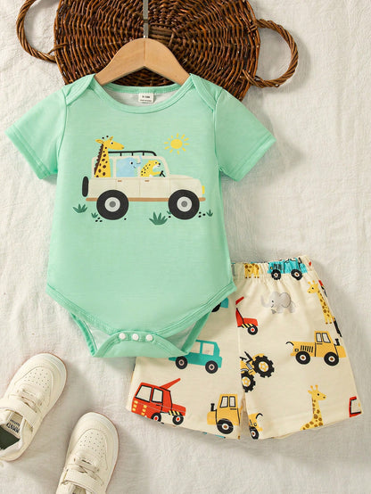 Playful Pals Infant/Toddler Boys' Cute Cartoon Car Print Romper And Shorts Set, Spring/Summer