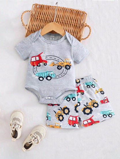 Playful Pals Infant/Toddler Boys' Cute Cartoon Car Print Romper And Shorts Set, Spring/Summer
