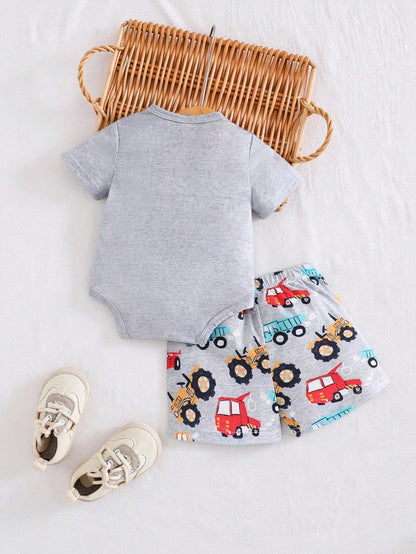 Playful Pals Infant/Toddler Boys' Cute Cartoon Car Print Romper And Shorts Set, Spring/Summer