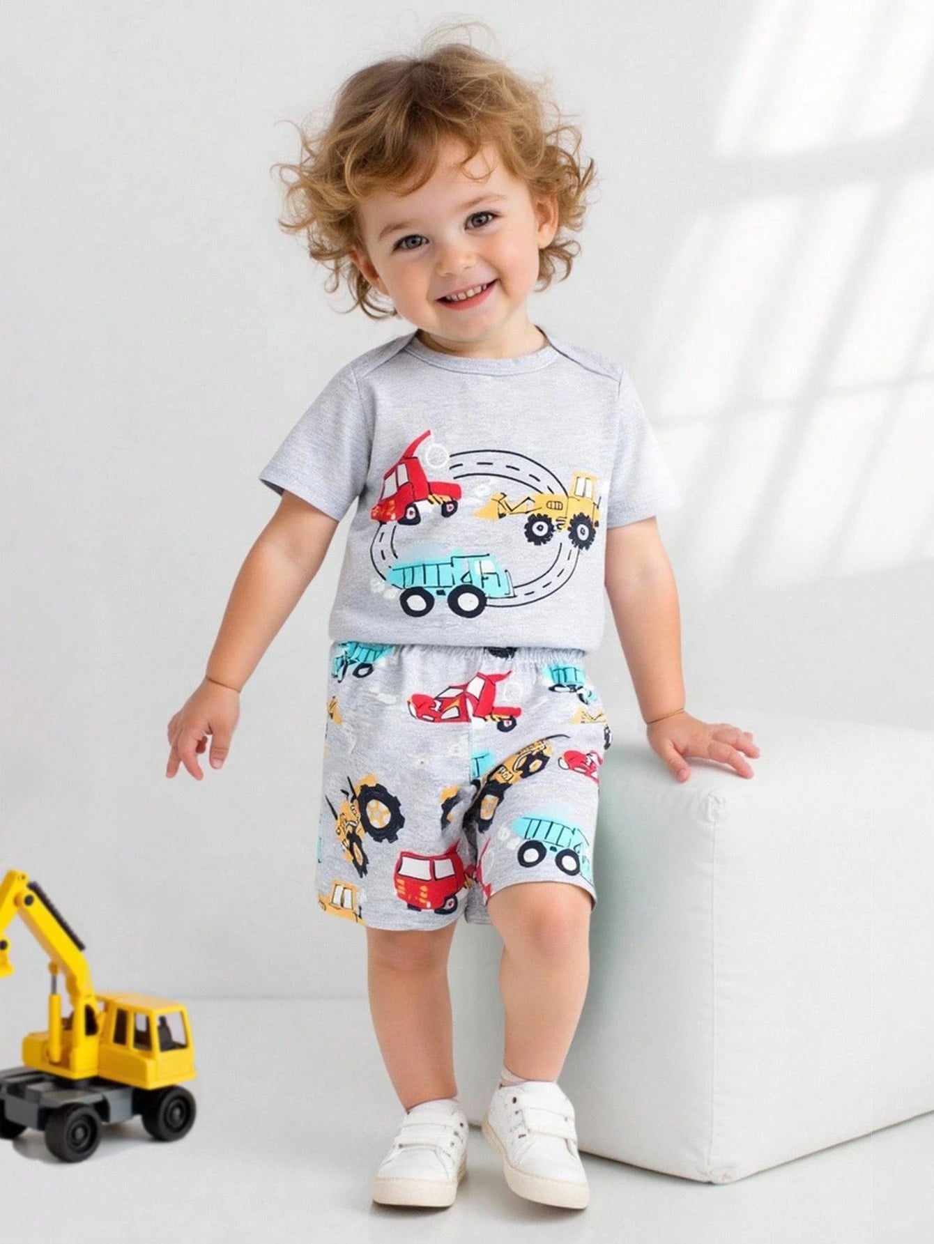 Playful Pals Infant/Toddler Boys' Cute Cartoon Car Print Romper And Shorts Set, Spring/Summer