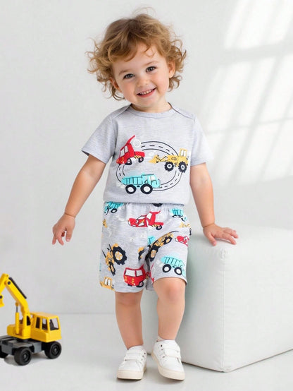 Playful Pals Infant/Toddler Boys' Cute Cartoon Car Print Romper And Shorts Set, Spring/Summer