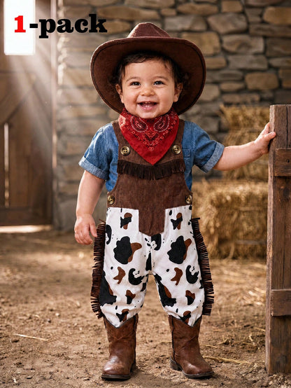 Playful Pals Toddler Boys' Western Style Cowboy Casual, Versatile, Cute & Western Ranch Pattern Printed Pocket Overalls Fringe Decorated Jumpsuit