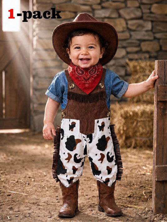 Playful Pals Toddler Boys' Western Style Cowboy Casual, Versatile, Cute & Western Ranch Pattern Printed Pocket Overalls Fringe Decorated Jumpsuit