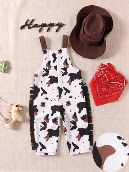 Playful Pals Toddler Boys' Western Style Cowboy Casual, Versatile, Cute & Western Ranch Pattern Printed Pocket Overalls Fringe Decorated Jumpsuit