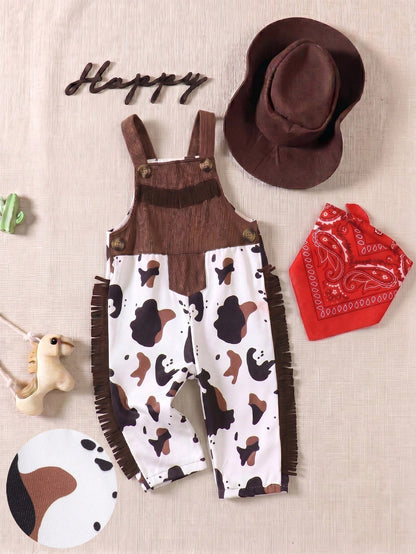 Playful Pals Toddler Boys' Western Style Cowboy Casual, Versatile, Cute & Western Ranch Pattern Printed Pocket Overalls Fringe Decorated Jumpsuit