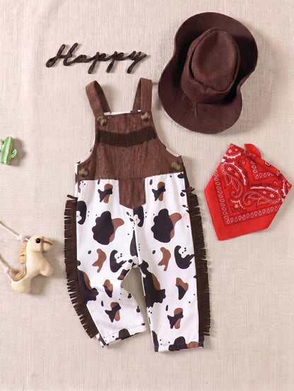 Playful Pals Toddler Boys' Western Style Cowboy Casual, Versatile, Cute & Western Ranch Pattern Printed Pocket Overalls Fringe Decorated Jumpsuit