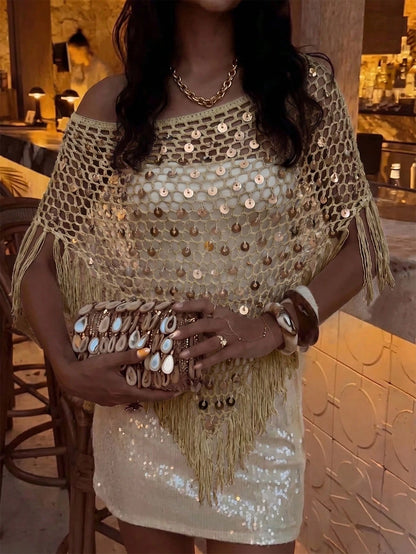 Plus Size 2026 New Sexy Hollow-Out Shiny Sequin Tassel Versatile Shawl, Fitted Silhouette, Suitable For Beach Vacation, Dating, Casual Outings, Music Festivals And Various Holiday Activities Summer