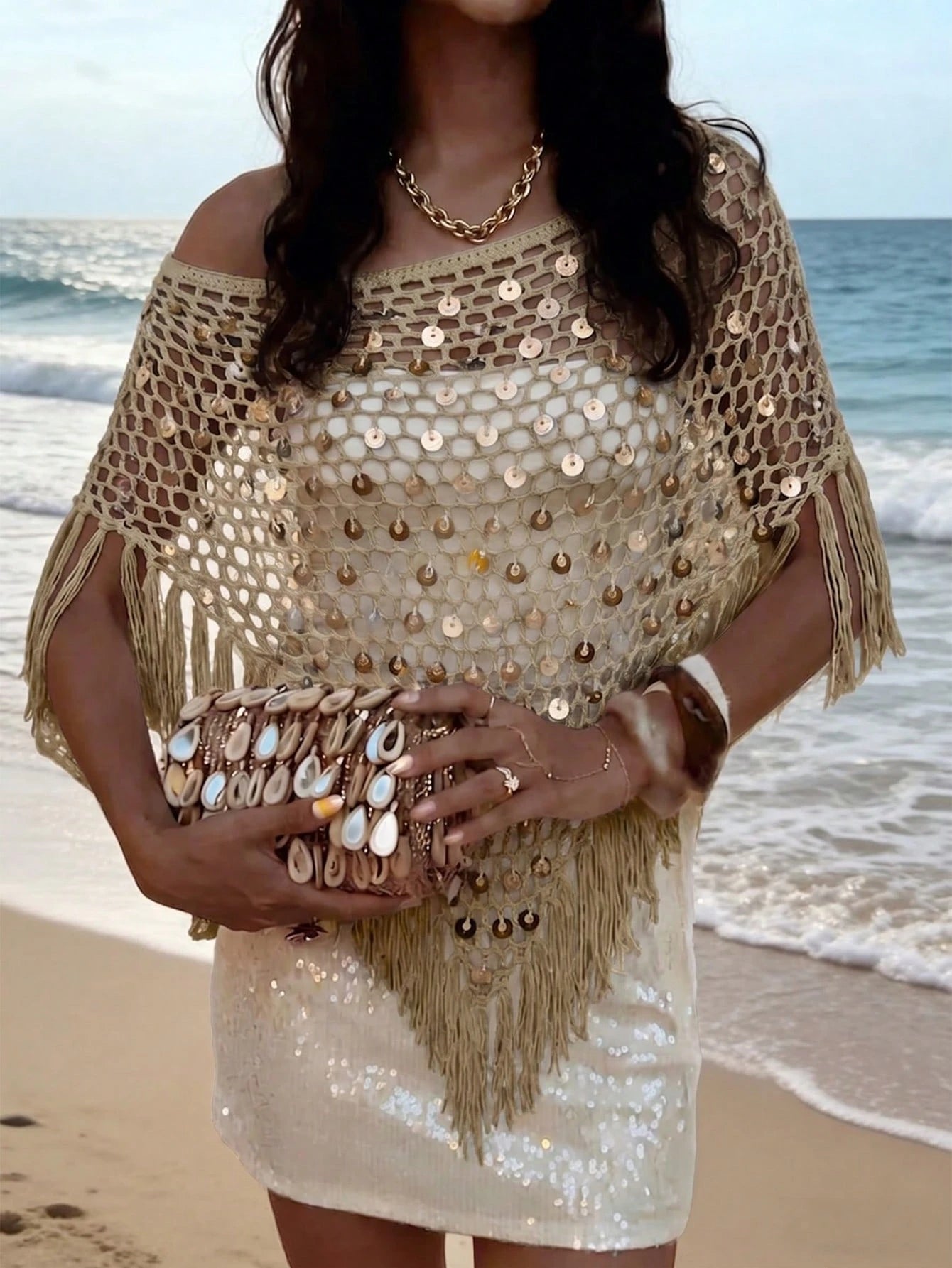 Plus Size 2026 New Sexy Hollow-Out Shiny Sequin Tassel Versatile Shawl, Fitted Silhouette, Suitable For Beach Vacation, Dating, Casual Outings, Music Festivals And Various Holiday Activities Summer
