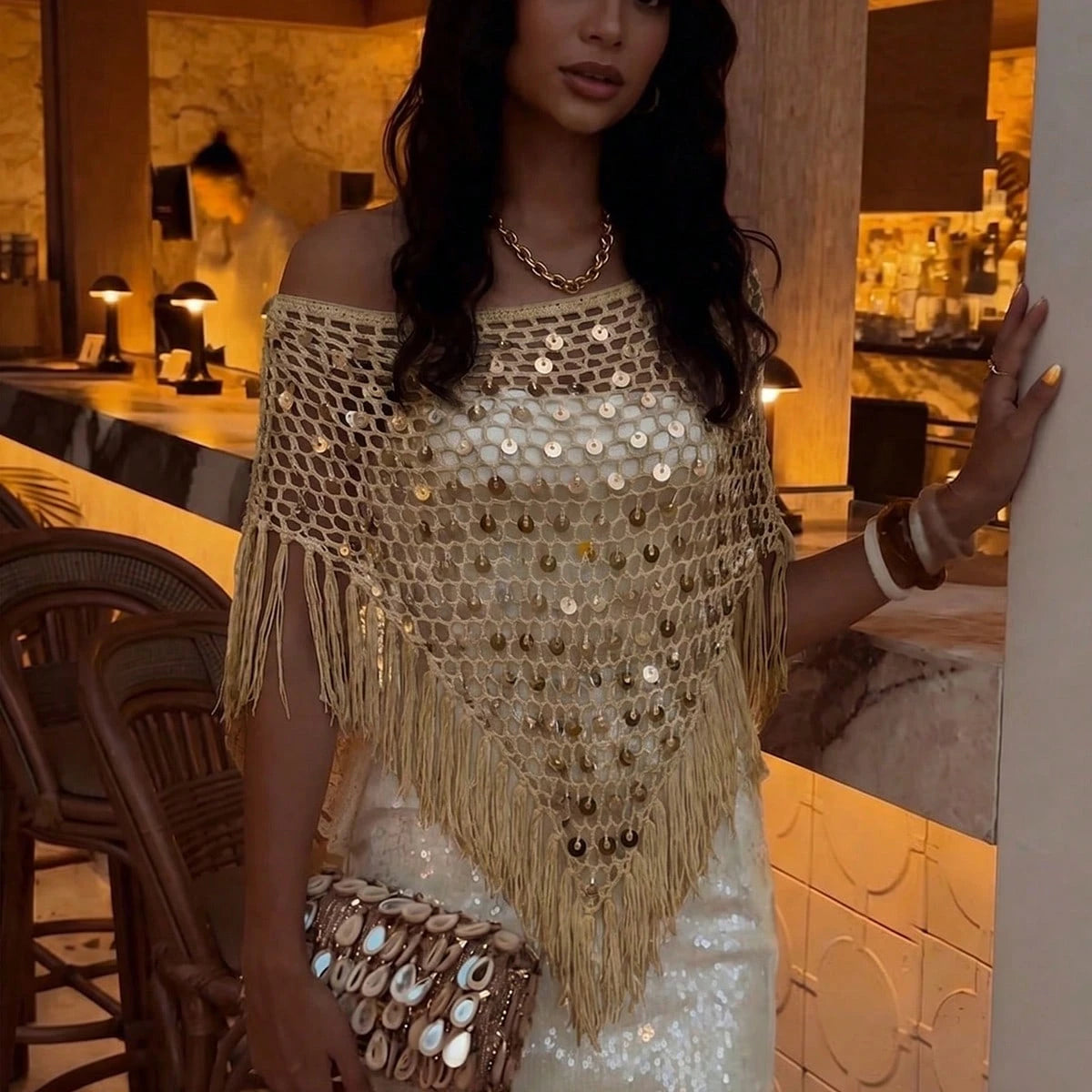 Plus Size 2026 New Sexy Hollow-Out Shiny Sequin Tassel Versatile Shawl, Fitted Silhouette, Suitable For Beach Vacation, Dating, Casual Outings, Music Festivals And Various Holiday Activities Summer
