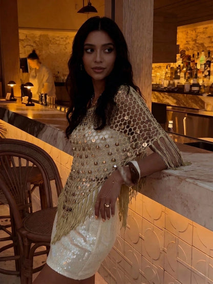 Plus Size 2026 New Sexy Hollow-Out Shiny Sequin Tassel Versatile Shawl, Fitted Silhouette, Suitable For Beach Vacation, Dating, Casual Outings, Music Festivals And Various Holiday Activities Summer