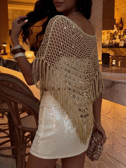 Plus Size 2026 New Sexy Hollow-Out Shiny Sequin Tassel Versatile Shawl, Fitted Silhouette, Suitable For Beach Vacation, Dating, Casual Outings, Music Festivals And Various Holiday Activities Summer