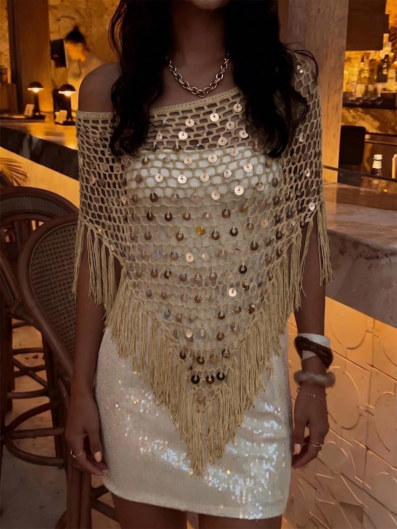 Plus Size 2026 New Sexy Hollow-Out Shiny Sequin Tassel Versatile Shawl, Fitted Silhouette, Suitable For Beach Vacation, Dating, Casual Outings, Music Festivals And Various Holiday Activities Summer