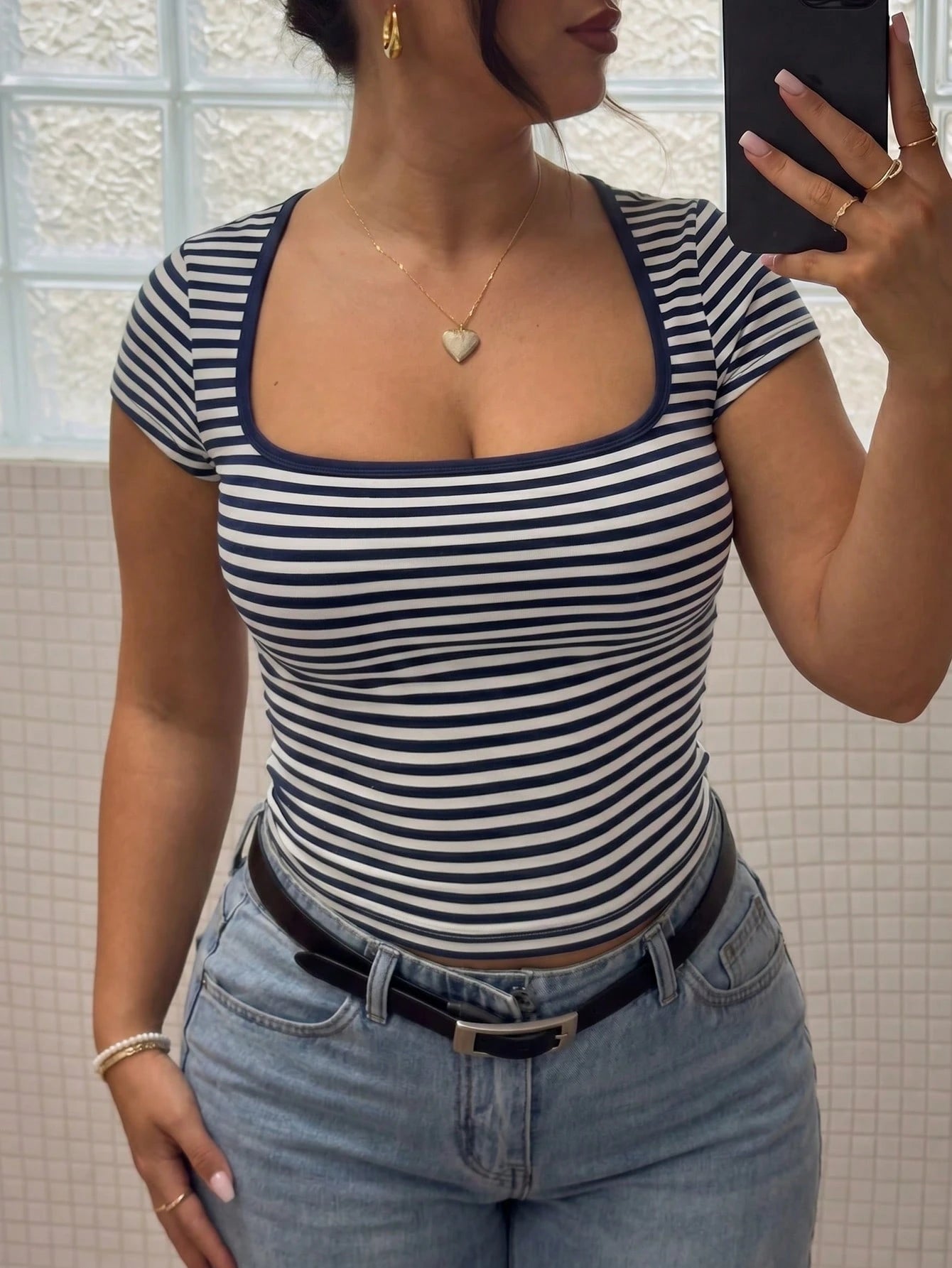 Plus Size 2026 Spring/Summer Striped Casual Versatile Elegant Square Neck Contrast Color Raglan Sleeve T-Shirt, Suitable For Office, Party, Travel And Multiple Occasions, Effortless Style