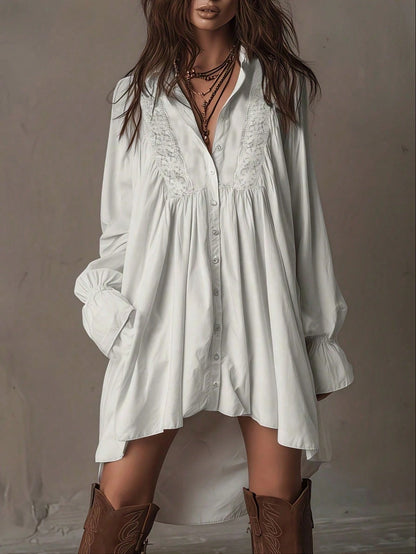 Plus Size, Bohemian-Style White Lace Patchwork Shirt Dress, Loose, Short Front And Long Back Irregular Shirt Dress, Retro Flared Sleeve Vacation Dress