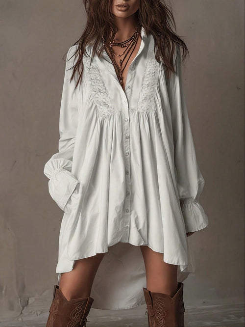 Plus Size, Bohemian-Style White Lace Patchwork Shirt Dress, Loose, Short Front And Long Back Irregular Shirt Dress, Retro Flared Sleeve Vacation Dress