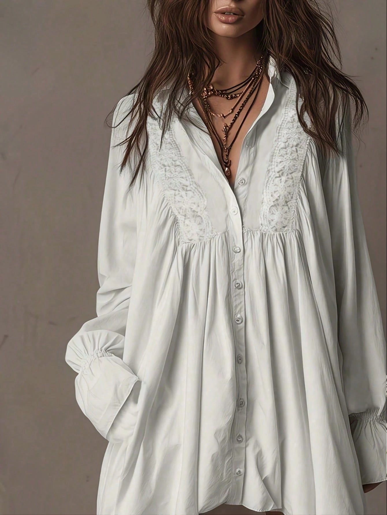 Plus Size, Bohemian-Style White Lace Patchwork Shirt Dress, Loose, Short Front And Long Back Irregular Shirt Dress, Retro Flared Sleeve Vacation Dress