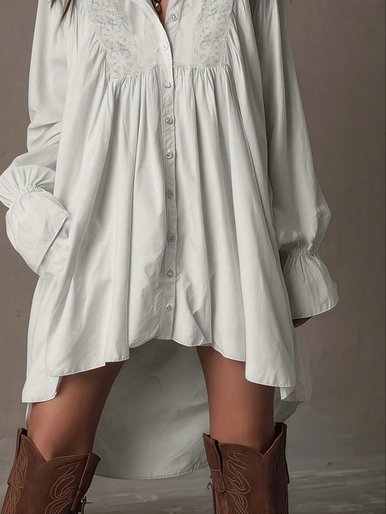 Plus Size, Bohemian-Style White Lace Patchwork Shirt Dress, Loose, Short Front And Long Back Irregular Shirt Dress, Retro Flared Sleeve Vacation Dress