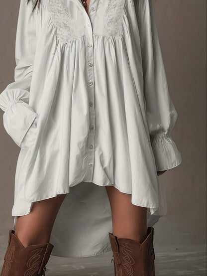 Plus Size, Bohemian-Style White Lace Patchwork Shirt Dress, Loose, Short Front And Long Back Irregular Shirt Dress, Retro Flared Sleeve Vacation Dress