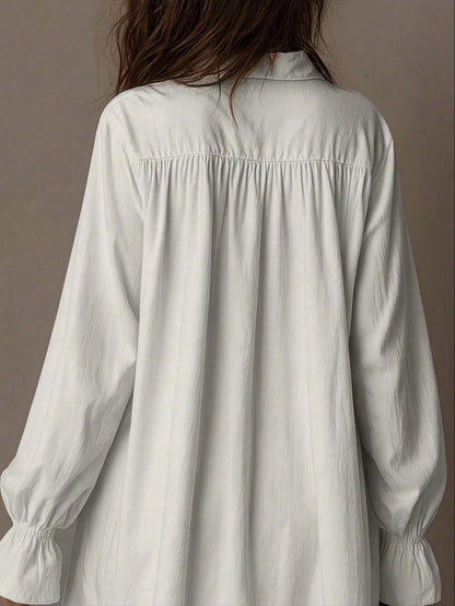 Plus Size, Bohemian-Style White Lace Patchwork Shirt Dress, Loose, Short Front And Long Back Irregular Shirt Dress, Retro Flared Sleeve Vacation Dress