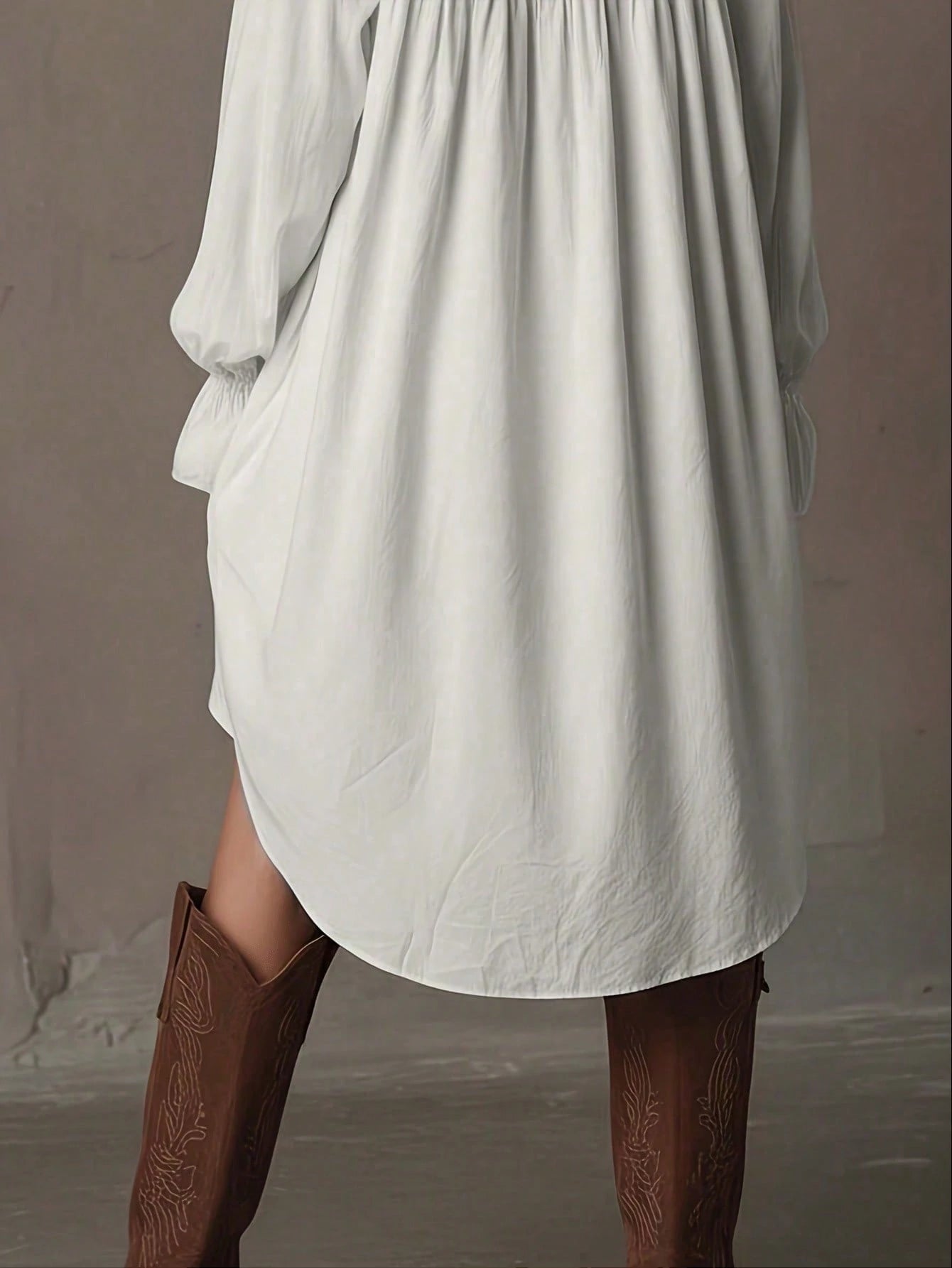 Plus Size, Bohemian-Style White Lace Patchwork Shirt Dress, Loose, Short Front And Long Back Irregular Shirt Dress, Retro Flared Sleeve Vacation Dress