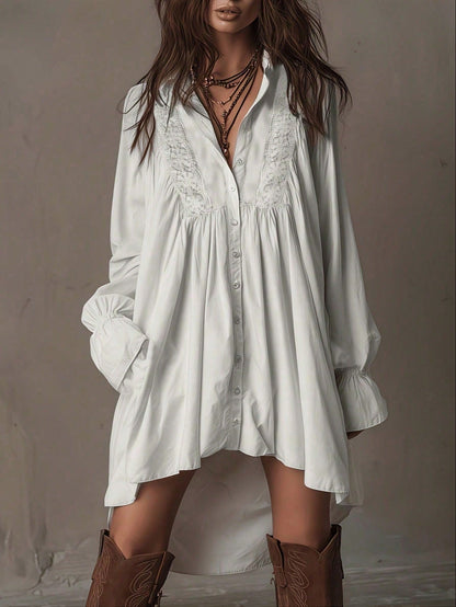 Plus Size, Bohemian-Style White Lace Patchwork Shirt Dress, Loose, Short Front And Long Back Irregular Shirt Dress, Retro Flared Sleeve Vacation Dress